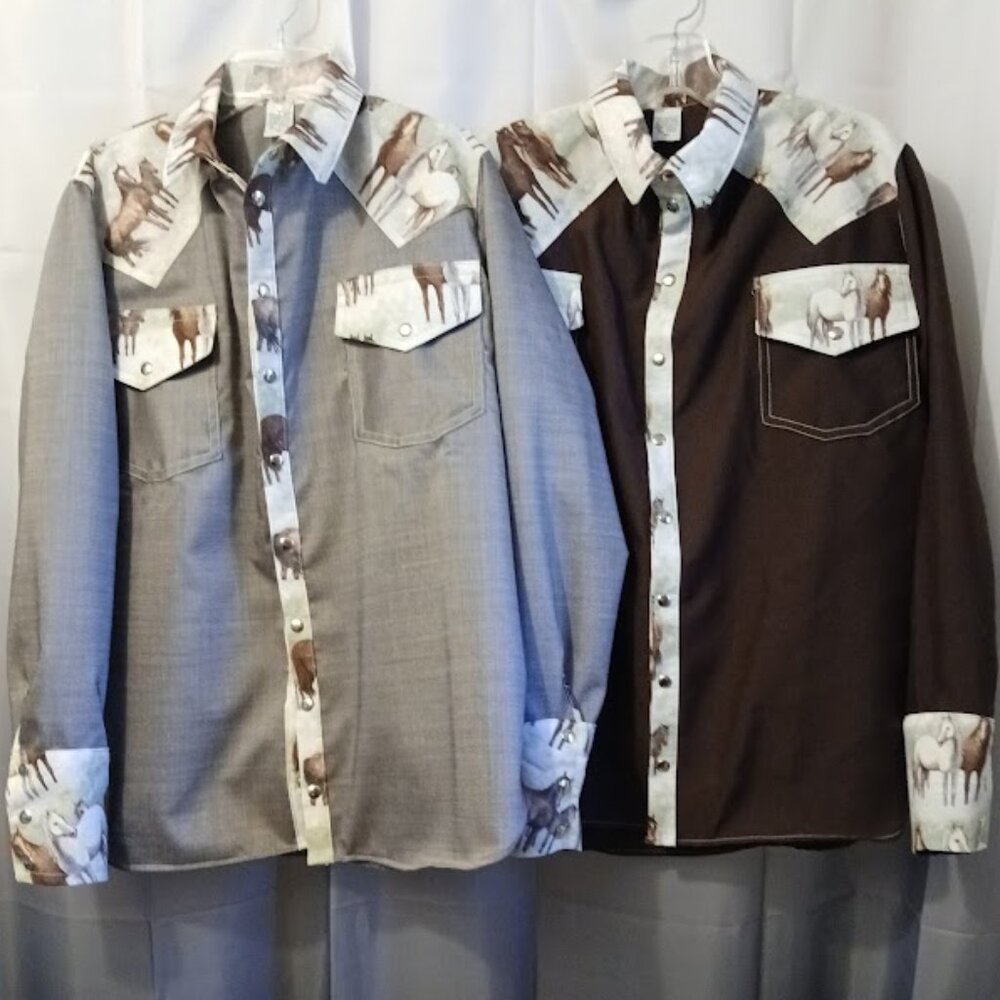 NEW Mens Western Cowboy Snap up Shirt M Dark or Light brown Horses yokes & Cuffs